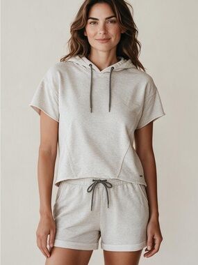Marc New York Short-Sleeve Hoodie Top in Light Heather Gray with matching shorts
